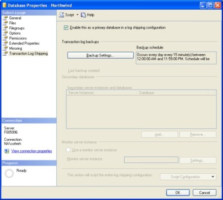 Configuring log shipping