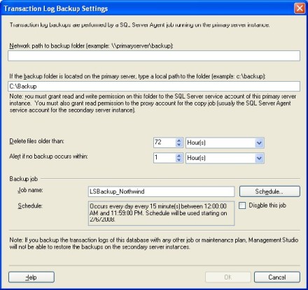Transaction Log Backup Settings and options