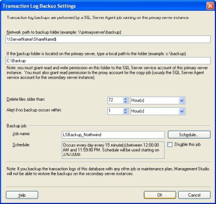 Transaction Log Backup Settings illustrating a hidden share for the network path