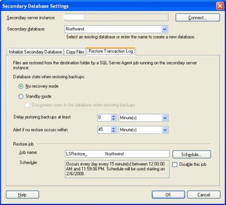 Restore Transaction Log tab