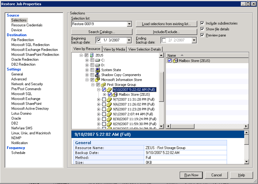 Restore job properties