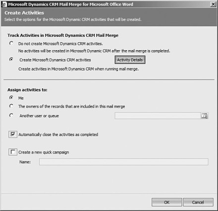 Figure 7.16: Microsoft Word Mail Merge Create Activities options