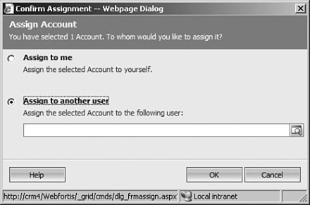 Figure 7.18: Microsoft Dynamics CRM Assign dialog box