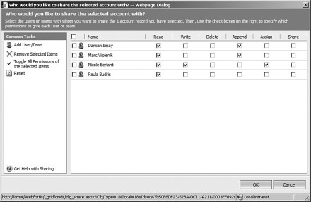 Figure 7.19: Microsoft Dynamics CRM share permissions form