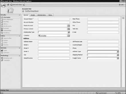 Figure 7.1: Microsoft Dynamics CRM New Account form prior to save