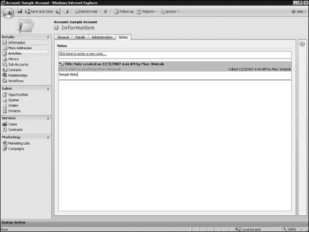 Figure 7.21: Microsoft Dynamics CRM Account Notes entry screen
