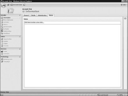 Figure 7.22: Microsoft Dynamics CRM Account screen prior to saving