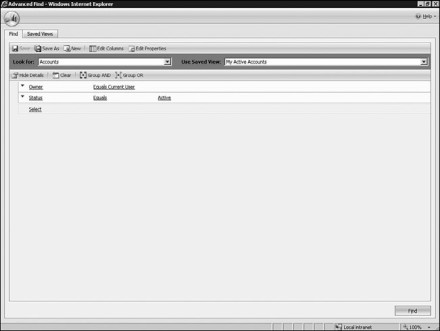 Figure 7.23: Advanced find in Microsoft Dynamics CRM