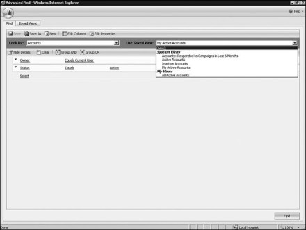 Figure 7.24: Microsoft Dynamics CRM Advanced Find Saved views