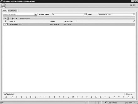 Figure 7.26: Saved view in Advanced Find in Microsoft Dynamics CRM