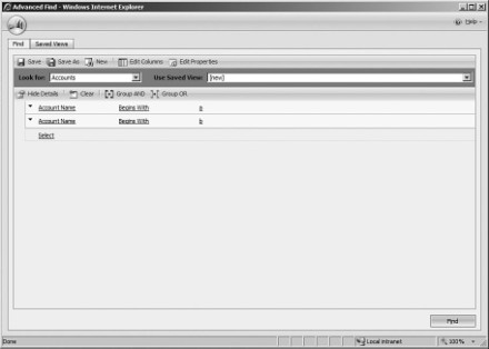 Figure 7.29: Microsoft Dynamics CRM Advanced Find option