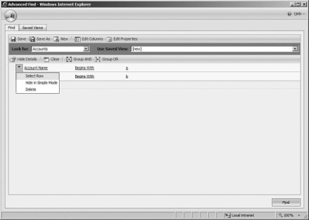 Figure 7.30: Selecting rows in Microsoft Dynamics CRM Advanced Find 