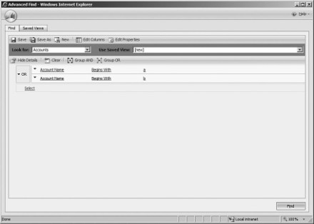 Figure 7.31: Selecting rows in Microsoft Dynamics CRM with group OR applied