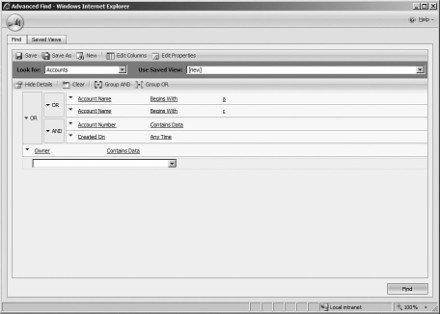 Figure 7.33: Microsoft Dynamics CRM Advanced Find on the CRM Outlook toolbar