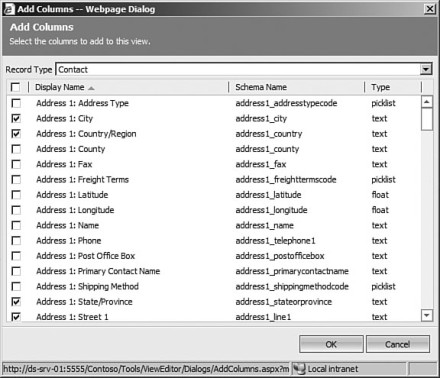 Figure 7.35: Microsoft Dynamics CRM Advanced Find for Contacts: Select columns