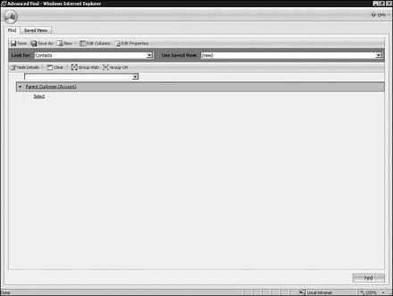 Figure 7.38: Parent customer selection on Advanced Find in Microsoft Dynamics CRM