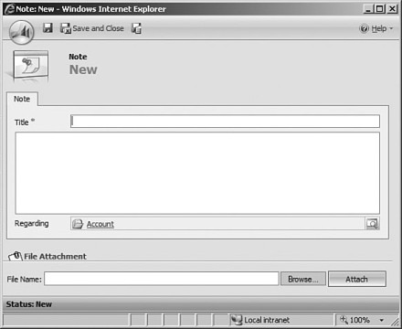 Figure 7.3: Microsoft Dynamics CRM add new note dialog box