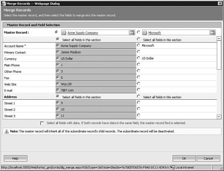 Figure 7.43: The Merge Records dialog box in Microsoft Dynamics CRM