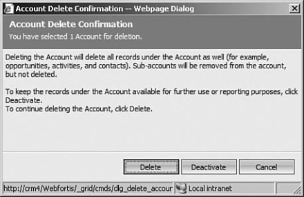 Figure 7.5: Microsoft Dynamics CRM confirm record deletion dialog box