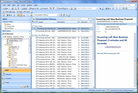Microsoft Outlook inbound and outbound call log