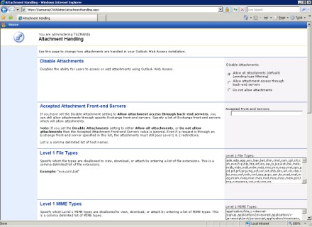 OWA Admin tool Attachment Handling screen