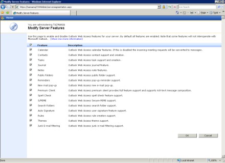 OWA Admin tool Modify Server Features screen