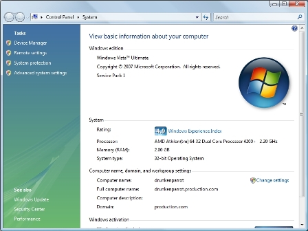 The Windows Experience Index is listed on the System Properties sheet.