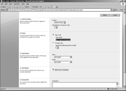 Add a task (with the Add Task to Timesheet checkbox).