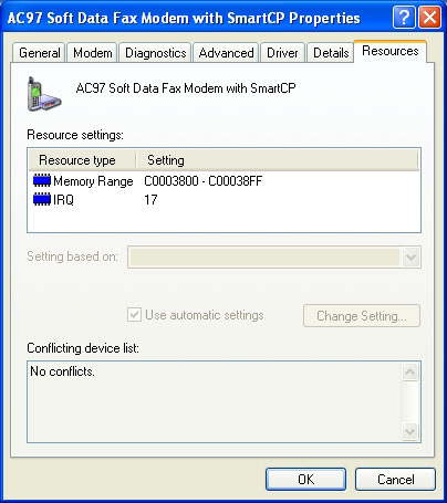 The Resources tab on a device's properties sheet lists the hardware resources that the device is using.