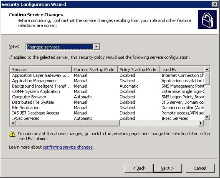 Confirm Exchange 2007 Security Configuration Wizard service changes
