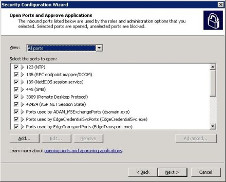 Configure Exchange 2007 Security Configuration Wizard to open ports