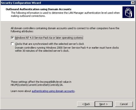 Exchange 2007 Security Configuration Wizard outbound authentication with Domain Accounts