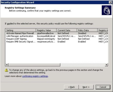 Security Configuration Wizard Registry Settings Summary