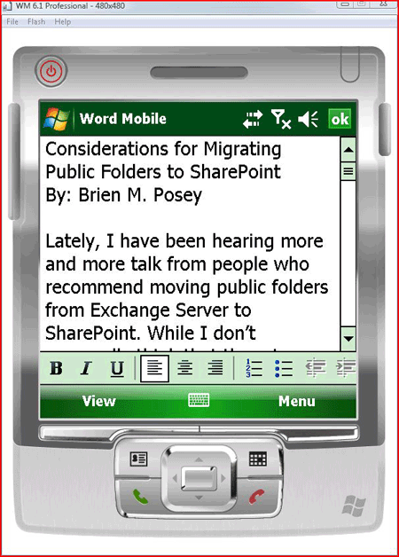 SharePoint document accessed on a Windows Mobile device