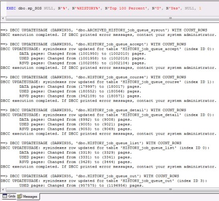 SQL Server 2000 Query Analyzer shows the sp_SOS snippet and detailed result of 