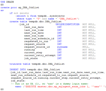 stored procedure created in the DBADB database