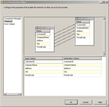 Excel Destination Editor window
