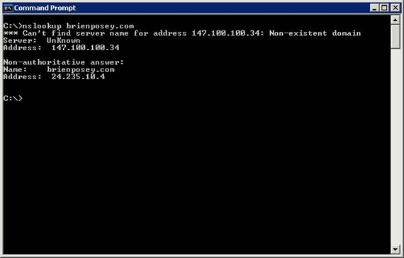  Nslookup command shows DNS server resolved to host name 