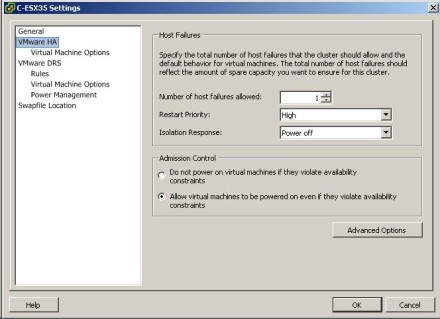 VMware High Availability installation: ESX 3.5 Settings screenshot
