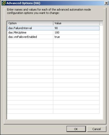 VMware High Availability installation: Advanced Options screenshot