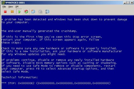 VMware High Availability installation: Simulated blue screen of death screenshot