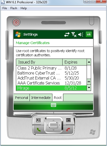 identify certificate authorities from an emulated Windows Mobile device
