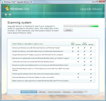 WVUA displays a summary of the features found in the various editions of Windows Vista during the scan.