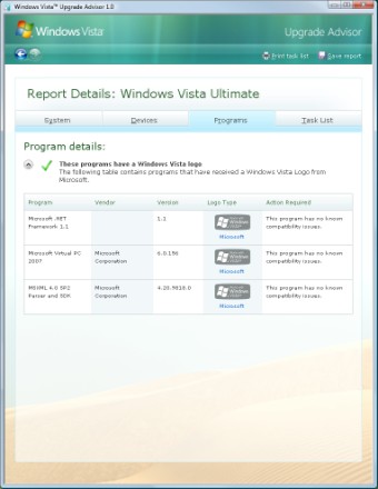 This is an example of a report generated by Windows Vista Upgrade Advisor.