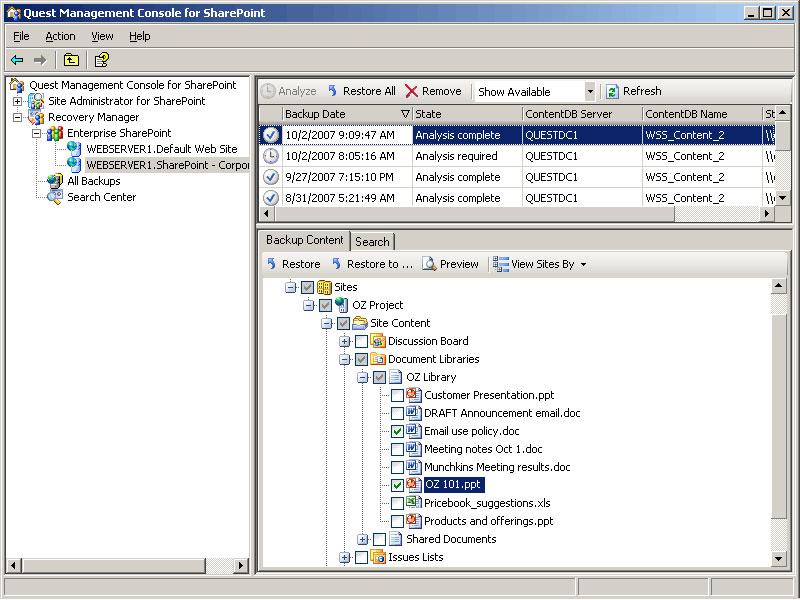 Quest Management Console for SharePoint