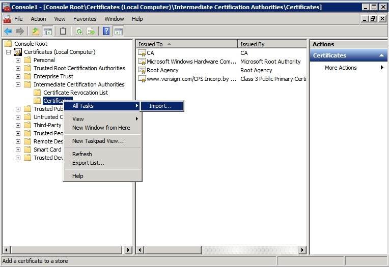 Import a commercial certificate into Exchange 2010.