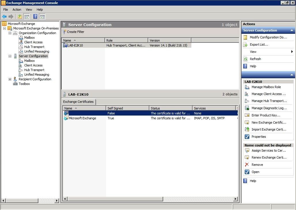 The new certificate is invalid for Exchange 2010 services.