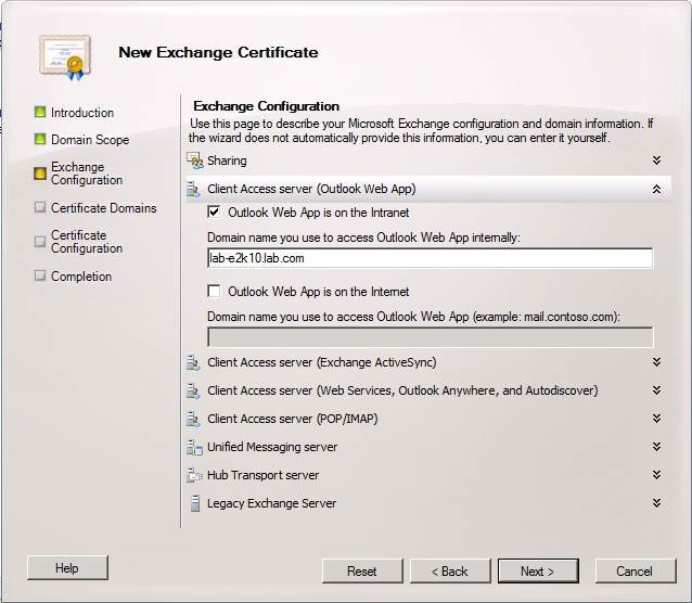 Exchange 2010 services the enterprise certificate will access