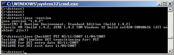 When running >java CheckDST PST 03/11/2007 11/04/2007 in JRE 1.5.0_08 (current DST rules) the system output will be the following: