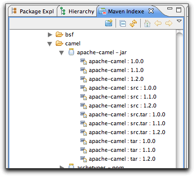 After finding the apache-camel artifact, double-clicking on it will open it up in Eclipse for browsing or editing.